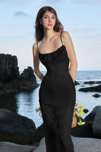 Lace Mesh Cami Ruffle Bust Tiered Layer Skirt Maxi Dress