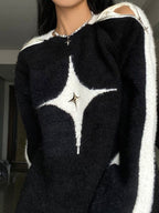 Star Decor Zipper Cutout Loose Sweater