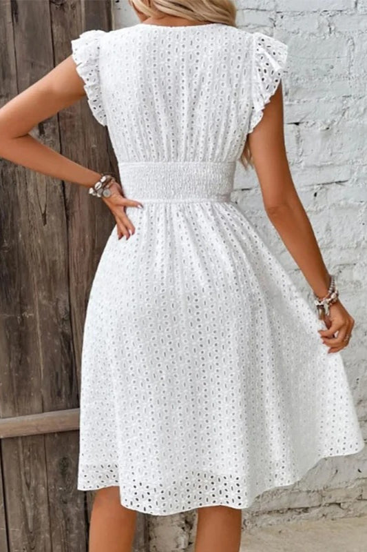 Eyelet Lace V-Neck Ruffle Cap Sleeve Smocked Waist A-Line Midi Dress
