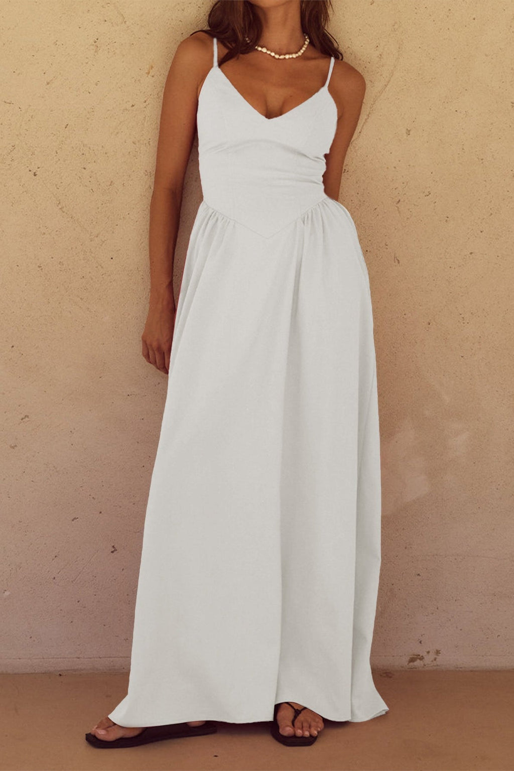 Ivory Spaghetti Strap V Neck Basque Waist Pocket Maxi Dress
