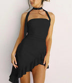 One Shoulder Choker Strap Asymmetric Ruffle Hem Mini Dress