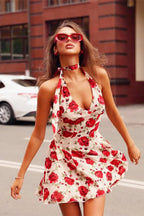 Floral Print Halter Neck Deep V-Neck Fit and Flare Mini Dress