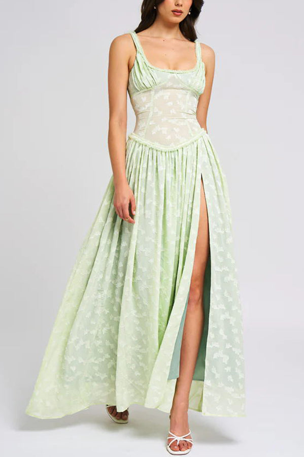 Floral Print Square Neck Corset Bodice High Split Flowy Maxi Dress