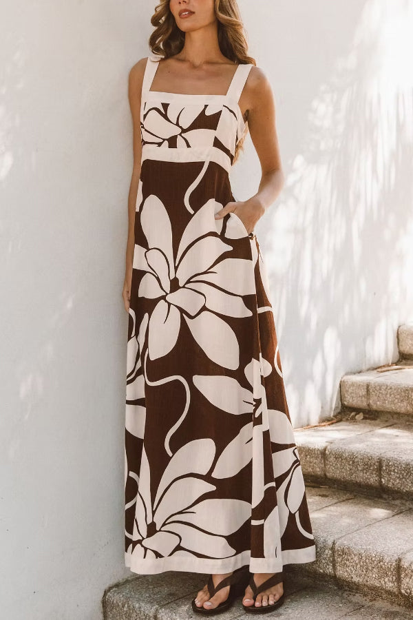 Color-blocked Floral Print Square Neck Sleeveless Casual Maxi Dress