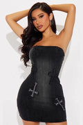 Strapless Denim Cross Appliqué Rhinestone Bodycon Mini Dress