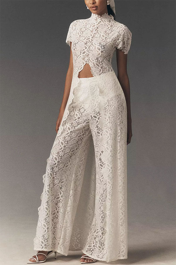 Elegance Avant-garde Floral Lace Short Sleeve High Low Top and High Rise Wide Leg Pants Set