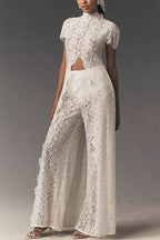 Elegance Avant-garde Floral Lace Short Sleeve High Low Top and High Rise Wide Leg Pants Set