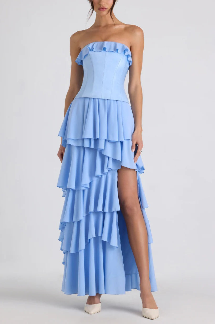Strapless Ruffle Trim Corset Bodice Tiered Ruffle High Low Split Maxi Dress