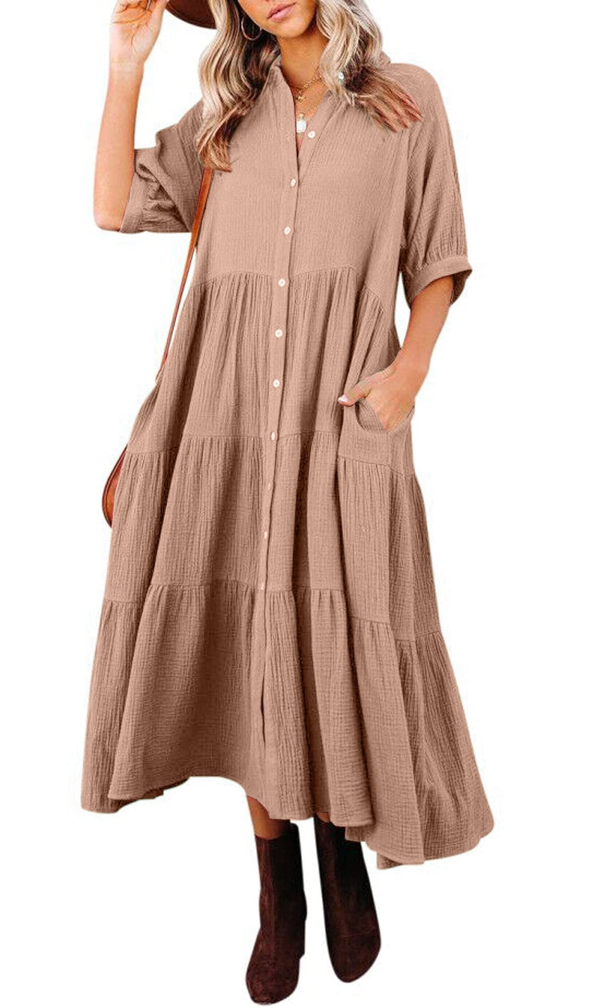Gauze Button Front Collar Half Sleeve Tiered Pocket Midi Dress