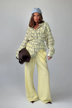 Color-block Plaid Belted Long Sleeve Blouse
