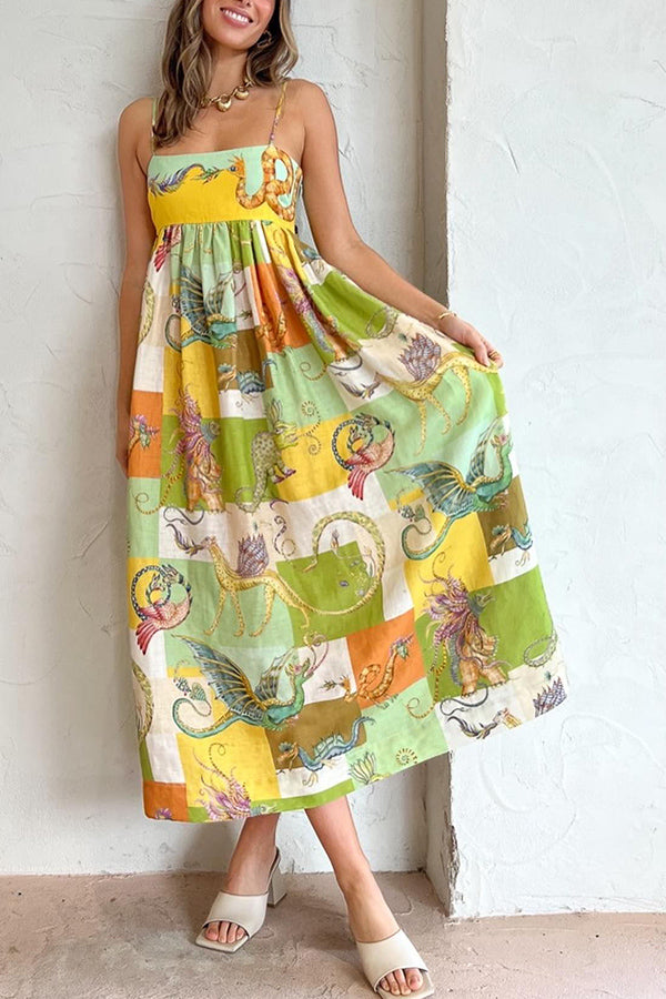 Dragon Print Patchwork Grid Empire Waist Pocketed Maxi Dress