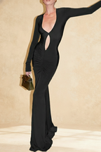 Deep V-Neck Cut Out Long Sleeve Ruched Bodycon Maxi Dress