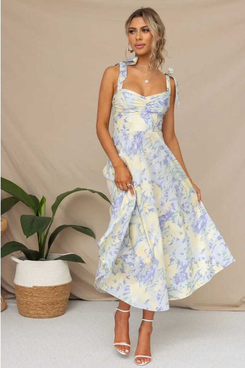 Floral Tie Strap Sweetheart Waist A-Line Summer Midi Dress