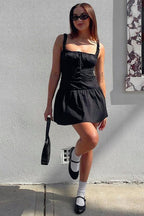 Square Neck Ruffle Strap Button Front Drop Waist Fit and Flare Mini Dress