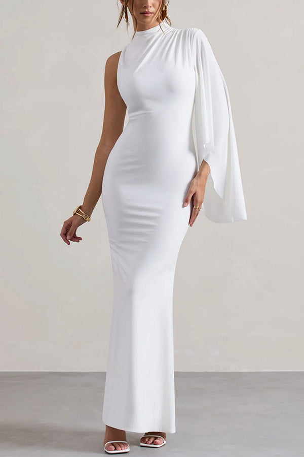 Mock Neck One Shoulder Ruffle Sleeve Mermaid Hem Maxi Gown
