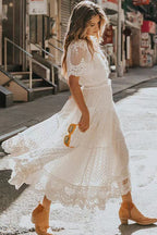 Lace Flutter Sleeve Deep V-Neck Button Front Tiered Maxi Dress