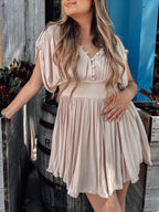Crochet Trim Flutter Sleeve Henley Button Front Babydoll Mini Dress