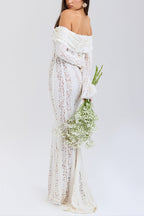 Leila Elevated Off Shoulder Floral Lace Flared Sleeve Fishtail Maxi Dress White Occasion Wear