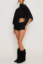 Stylish Openwork Lace Loose Top and Side Zipper Slim-fit Shorts Set