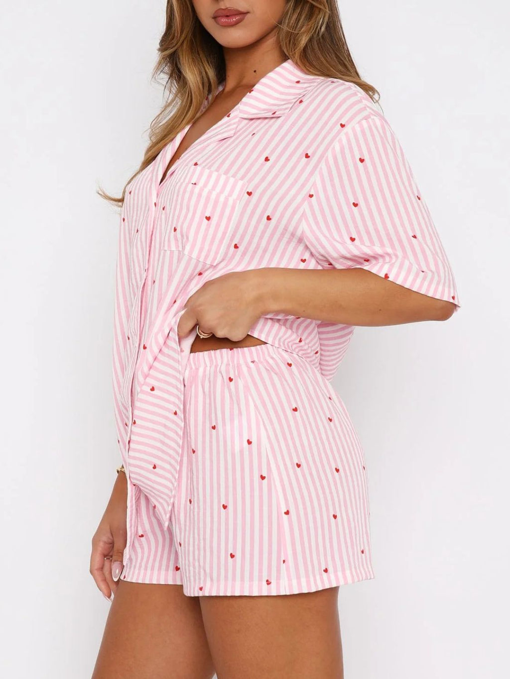 Blue Zone Planet | Valentine's Day Printed Collared Neck Short Sleeve Top And Shorts Set