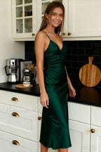 Satin Spaghetti Strap Deep V-Neck Bias Cut Slip Midi Dress