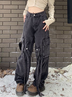 Vintage Wash High Rise Multi Pocket Cargo Jeans