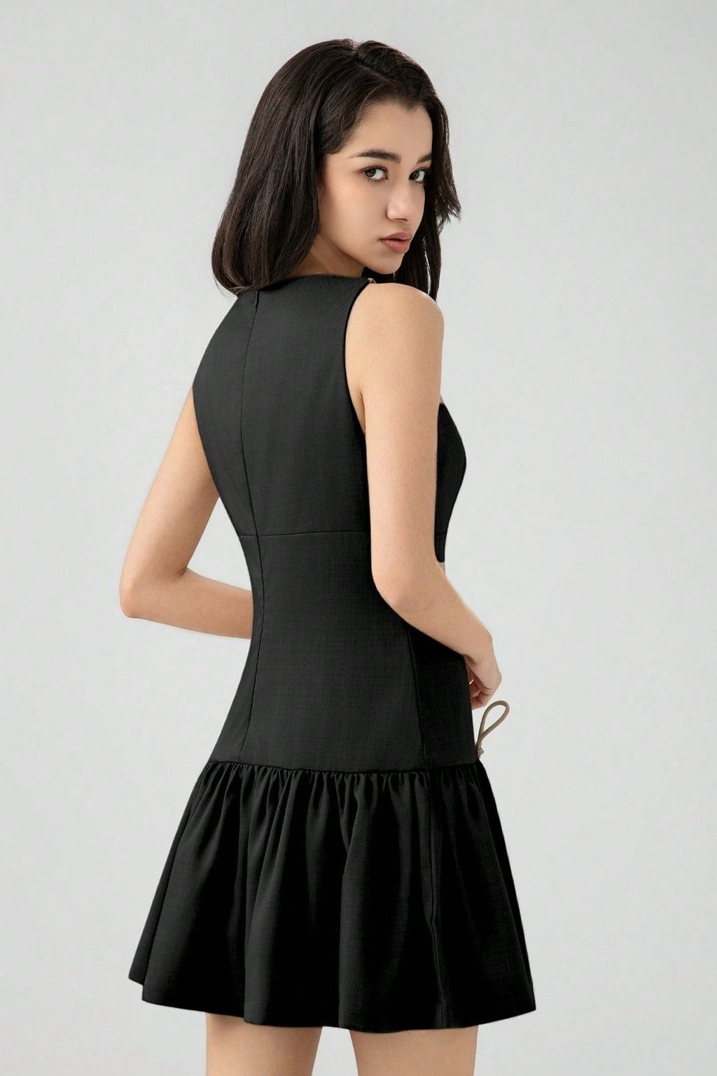 Boat Neck Sleeveless Dropped Waist Bow Detail Pleated Mini Dress
