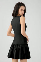 Boat Neck Sleeveless Dropped Waist Bow Detail Pleated Mini Dress