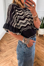 Beige Stripe Wavy Crochet Eyelet Detail Ruffle Half Sleeve Sweater