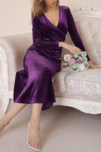Velvet Wrap Deep V-Neck Ruched Side Long Sleeve Maxi Dress