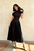 One Shoulder Ruched Waistband Pleated A-Line Midi Dress