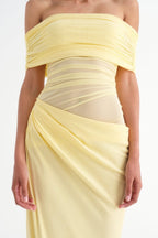 Off Shoulder Ruched Mesh Waist Panel Draped Overlay Maxi Gown