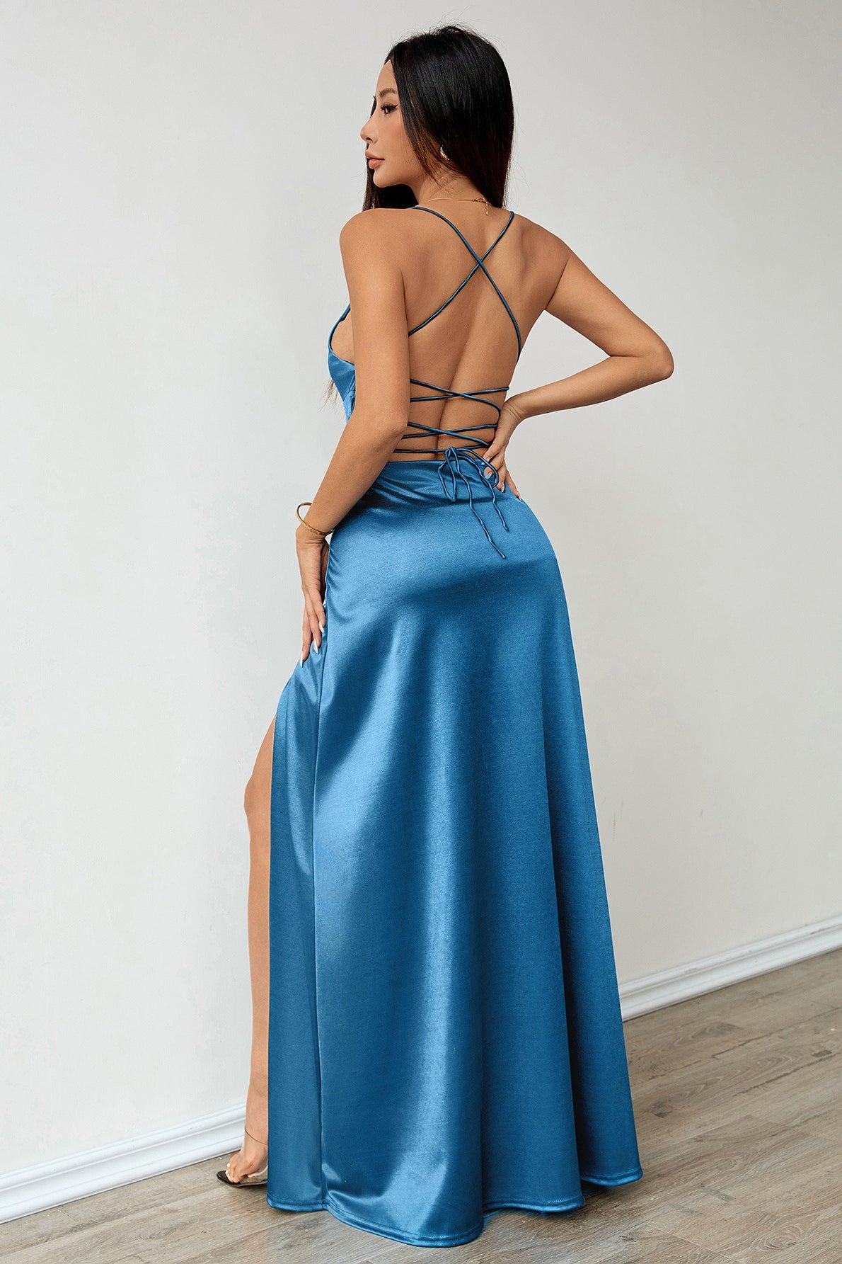 Satin Wrap V-Neck Spaghetti Strap High Split Maxi Dress