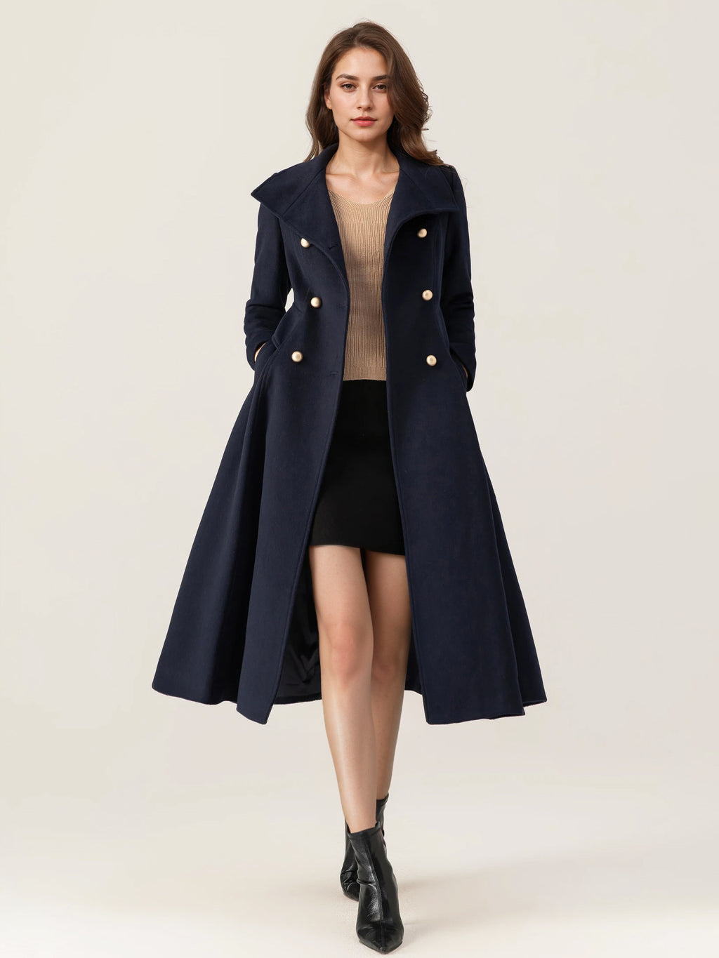Woolen Flared Coat For Woman Stand Collar Dark Navy Vintage Double-breasted Winter Midi Outerwear 2026