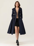 Woolen Flared Coat For Woman Stand Collar Dark Navy Vintage Double-breasted Winter Midi Outerwear 2026