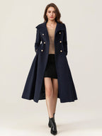 Woolen Flared Coat For Woman Stand Collar Dark Navy Vintage Double-breasted Winter Midi Outerwear 2026