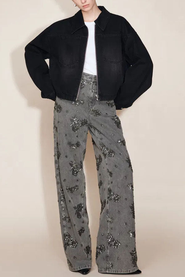 Jhenie Denim Beaded Sequin Floral Pattern Mid Rise Pocket Wide Leg Jeans