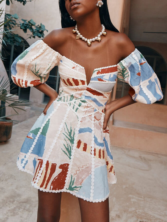 Off Shoulder Puff Sleeve Coastal Scenic Print Lace Trim Mini Dress