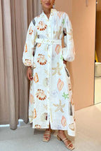 Mandarin Collar Button-Front Puff Sleeve Seashell Starfish Print Belted Maxi Shirt Dress