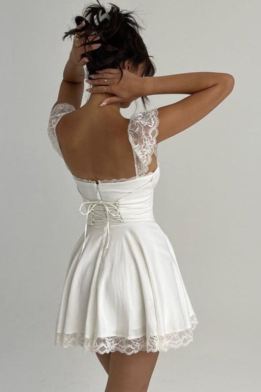 Square Neck Lace Cap Sleeve Ruched Waist Lace Hem Satin Mini Dress