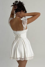 Square Neck Lace Cap Sleeve Ruched Waist Lace Hem Satin Mini Dress