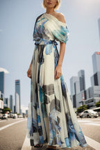 Sandy Aesthetic Unique Printed Bohemian Short Sleeve One Shoulder Maxi Dress Designer Edit