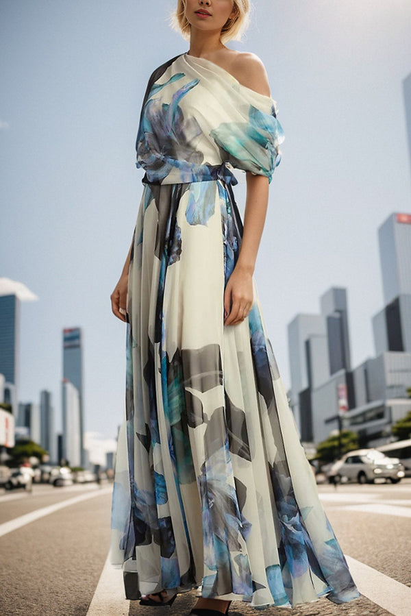 Sandy Aesthetic Unique Printed Bohemian Short Sleeve One Shoulder Maxi Dress Designer Edit