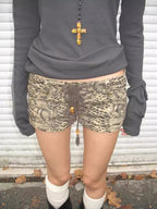 Washed Leopard Print Straps Denim Shorts