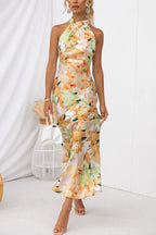 Floral Print Satin Halter Neck Sleeveless Column Maxi Dress