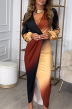 Wrap Front Deep V-Neck Puff Sleeve Draped Gradient Print High Low Slit Maxi Dress