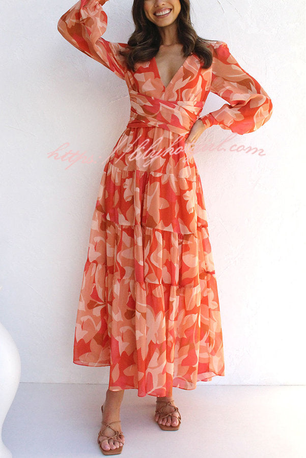 Abstract Floral Print V-Neck Bishop Sleeve Wrap Waist Tiered Maxi Dress