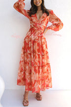 Abstract Floral Print V-Neck Bishop Sleeve Wrap Waist Tiered Maxi Dress