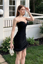 Feather Trim Glitter Corset Party Dress