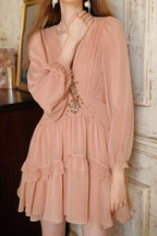 Crystal Floral Embellished Deep V Bishop Sleeve Tiered Ruffle Mini Dress